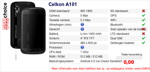 Celkon A101 Technische gegevens 