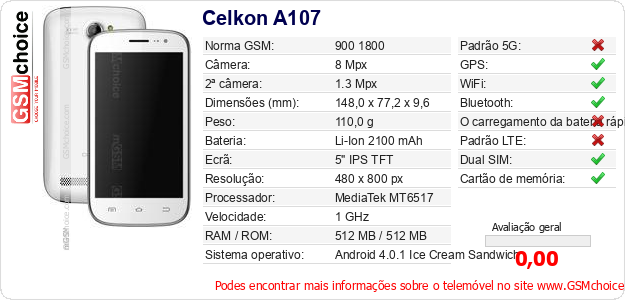 Celkon A107 Especificações técnicas do telemóvel Celkon A107 Especificações técnicas do telemóvel