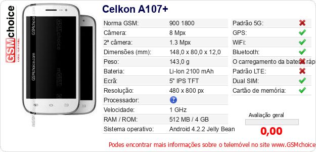 Celkon A107+ Especificações técnicas do telemóvel Celkon A107+ Especificações técnicas do telemóvel
