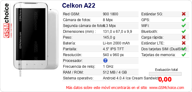 Celkon A22 Datos técnicos del móvil Celkon A22 Datos técnicos del móvil