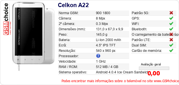 Celkon A22 Especificações técnicas do telemóvel Celkon A22 Especificações técnicas do telemóvel