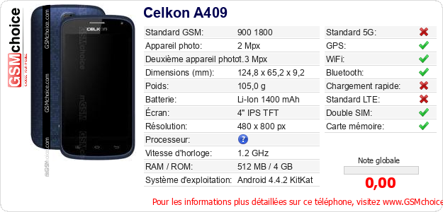Celkon A409 Fiche technique Celkon A409 Fiche technique