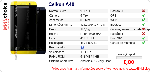 Celkon A40 Especificações técnicas do telemóvel Celkon A40 Especificações técnicas do telemóvel