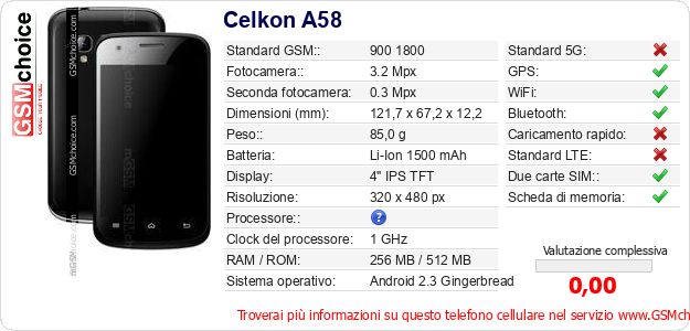 Celkon A58 Dati tecnici di telefono cellulare Celkon A58 Dati tecnici di telefono cellulare