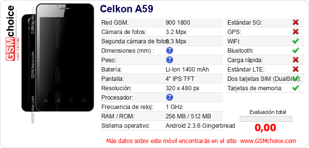 Celkon A59 Datos técnicos del móvil 