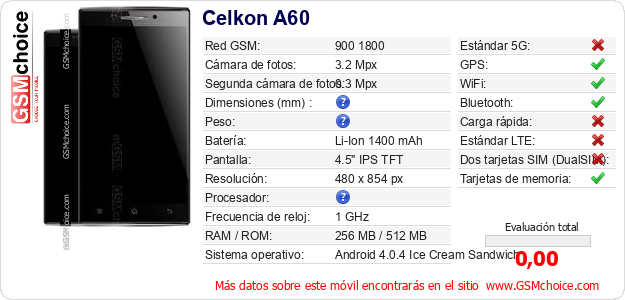 Celkon A60 Datos técnicos del móvil Celkon A60 Datos técnicos del móvil