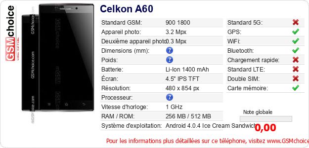 Celkon A60 Fiche technique Celkon A60 Fiche technique