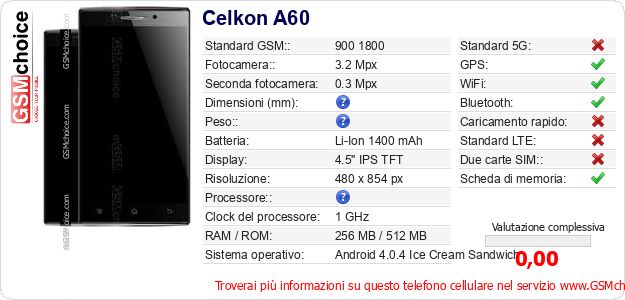 Celkon A60 Dati tecnici di telefono cellulare Celkon A60 Dati tecnici di telefono cellulare