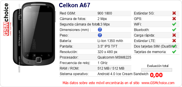 Celkon A67 Datos técnicos del móvil Celkon A67 Datos técnicos del móvil