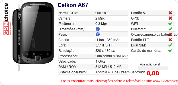 Celkon A67 Especificações técnicas do telemóvel 