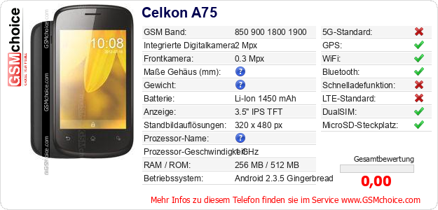 Celkon A75 technische Daten Celkon A75 technische Daten