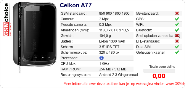 Celkon A77 Technische gegevens 