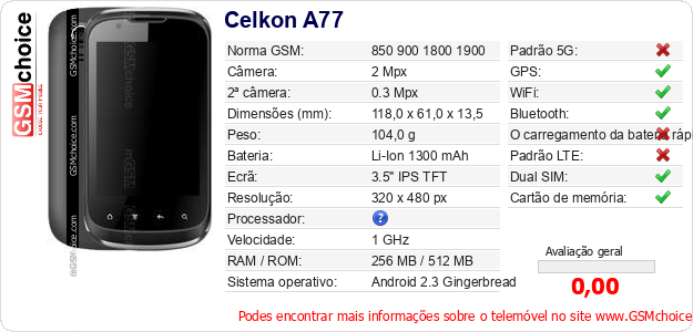 Celkon A77 Especificações técnicas do telemóvel 