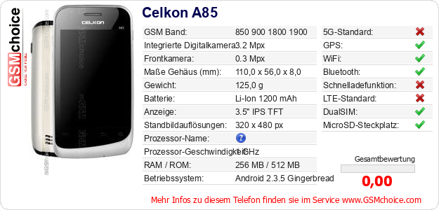 Celkon A85 technische Daten Celkon A85 technische Daten