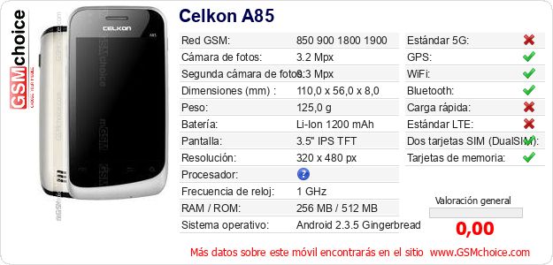 Celkon A85 Datos técnicos del móvil Celkon A85 Datos técnicos del móvil