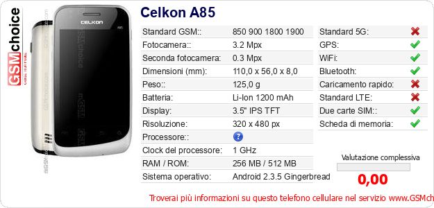 Celkon A85 Dati tecnici di telefono cellulare Celkon A85 Dati tecnici di telefono cellulare