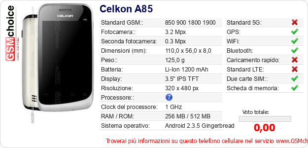 Celkon A85 Dati tecnici di telefono cellulare 