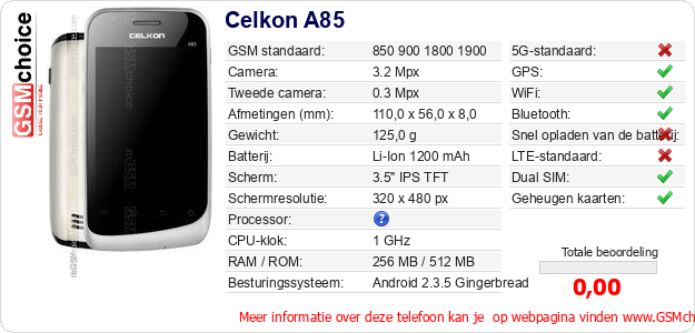 Celkon A85 Technische gegevens 