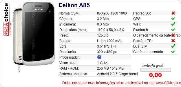 Celkon A85 Especificações técnicas do telemóvel Celkon A85 Especificações técnicas do telemóvel
