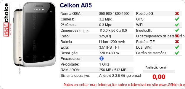 Celkon A85 Especificações técnicas do telemóvel 