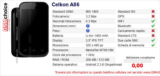 Celkon A86 Dati tecnici di telefono cellulare 