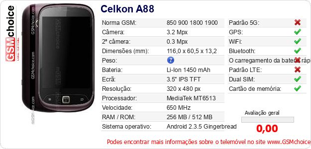 Celkon A88 Especificações técnicas do telemóvel Celkon A88 Especificações técnicas do telemóvel