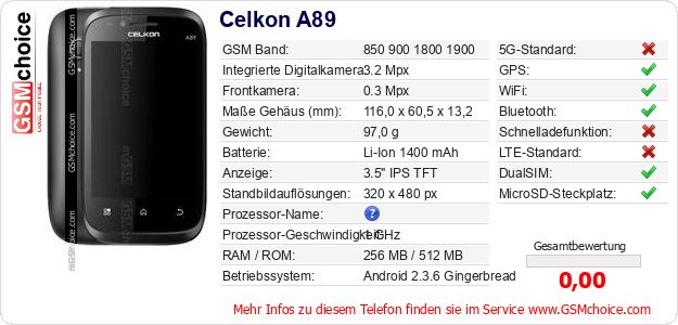Celkon A89 technische Daten Celkon A89 technische Daten