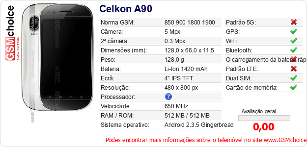 Celkon A90 Especificações técnicas do telemóvel 
