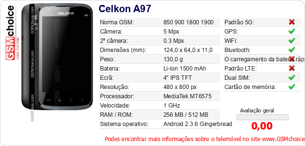 Celkon A97 Especificações técnicas do telemóvel 