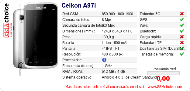 Celkon A97i Datos técnicos del móvil 
