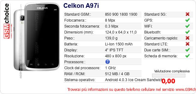 Celkon A97i Dati tecnici di telefono cellulare Celkon A97i Dati tecnici di telefono cellulare