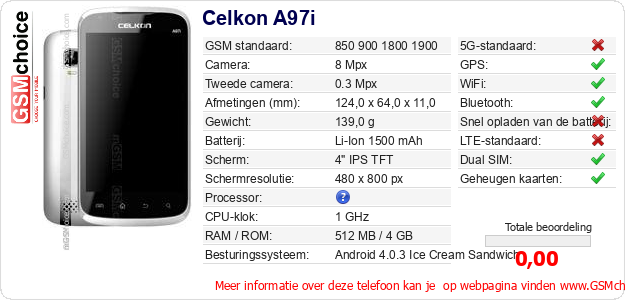 Celkon A97i Technische gegevens Celkon A97i Technische gegevens