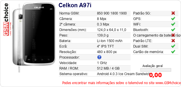 Celkon A97i Especificações técnicas do telemóvel 