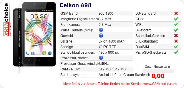 Celkon A98 technische Daten Celkon A98 technische Daten