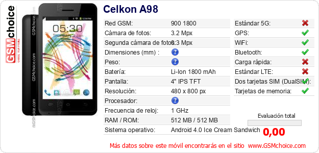 Celkon A98 Datos técnicos del móvil 