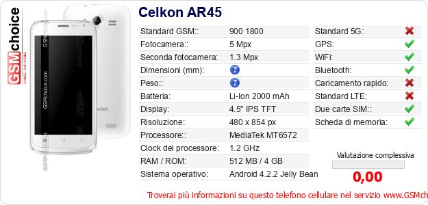 Celkon AR45 Dati tecnici di telefono cellulare Celkon AR45 Dati tecnici di telefono cellulare