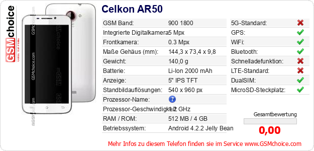 Celkon AR50 technische Daten Celkon AR50 technische Daten