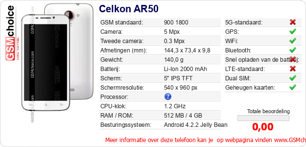 Celkon AR50 Technische gegevens Celkon AR50 Technische gegevens