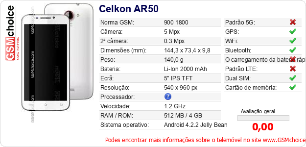 Celkon AR50 Especificações técnicas do telemóvel Celkon AR50 Especificações técnicas do telemóvel