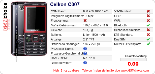 Celkon C007 technische Daten Celkon C007 technische Daten