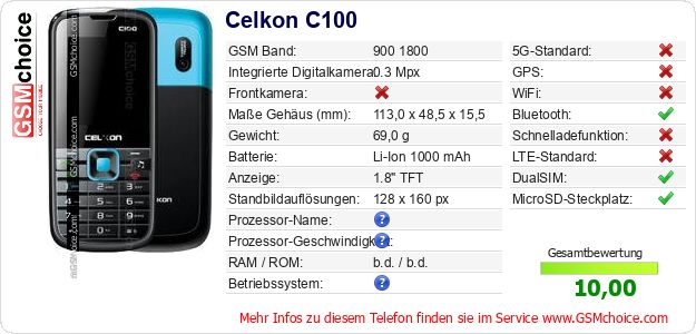 Celkon C100 technische Daten Celkon C100 technische Daten