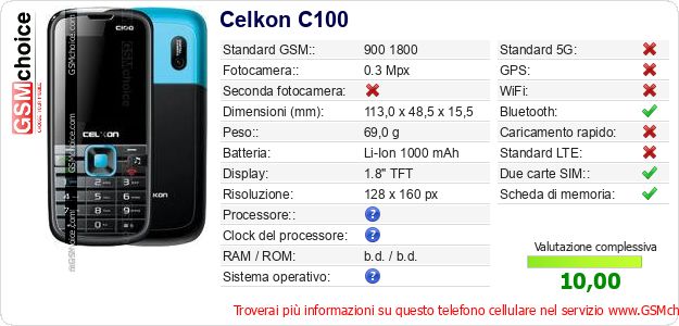 Celkon C100 Dati tecnici di telefono cellulare Celkon C100 Dati tecnici di telefono cellulare