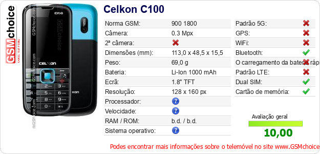 Celkon C100 Especificações técnicas do telemóvel Celkon C100 Especificações técnicas do telemóvel