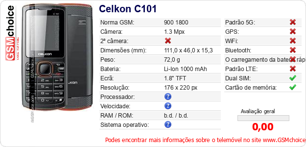 Celkon C101 Especificações técnicas do telemóvel Celkon C101 Especificações técnicas do telemóvel