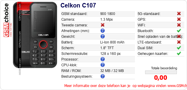 Celkon C107 Technische gegevens 