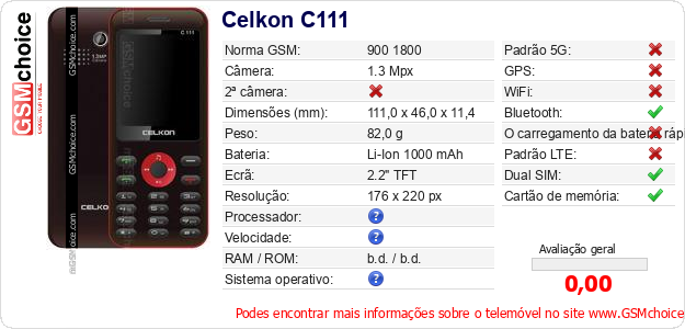 Celkon C111 Especificações técnicas do telemóvel Celkon C111 Especificações técnicas do telemóvel