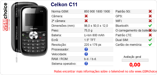 Celkon C11 Especificações técnicas do telemóvel Celkon C11 Especificações técnicas do telemóvel