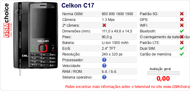 Celkon C17 Especificações técnicas do telemóvel Celkon C17 Especificações técnicas do telemóvel