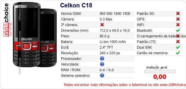 Celkon C18 Especificações técnicas do telemóvel Celkon C18 Especificações técnicas do telemóvel
