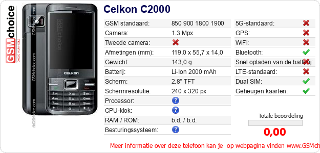 Celkon C2000 Technische gegevens Celkon C2000 Technische gegevens